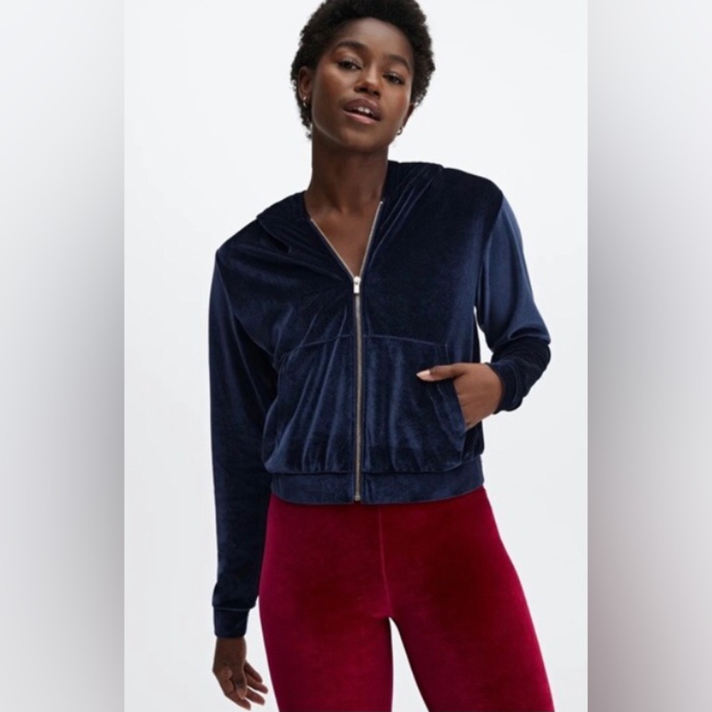 Fabletics | Women’s navy velour gold zipper front hoodie, front pockets size XS